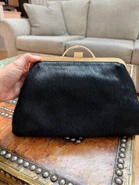 Bodhi Black Calf Hair A-Frame Clutch with Gold-tone Trim
